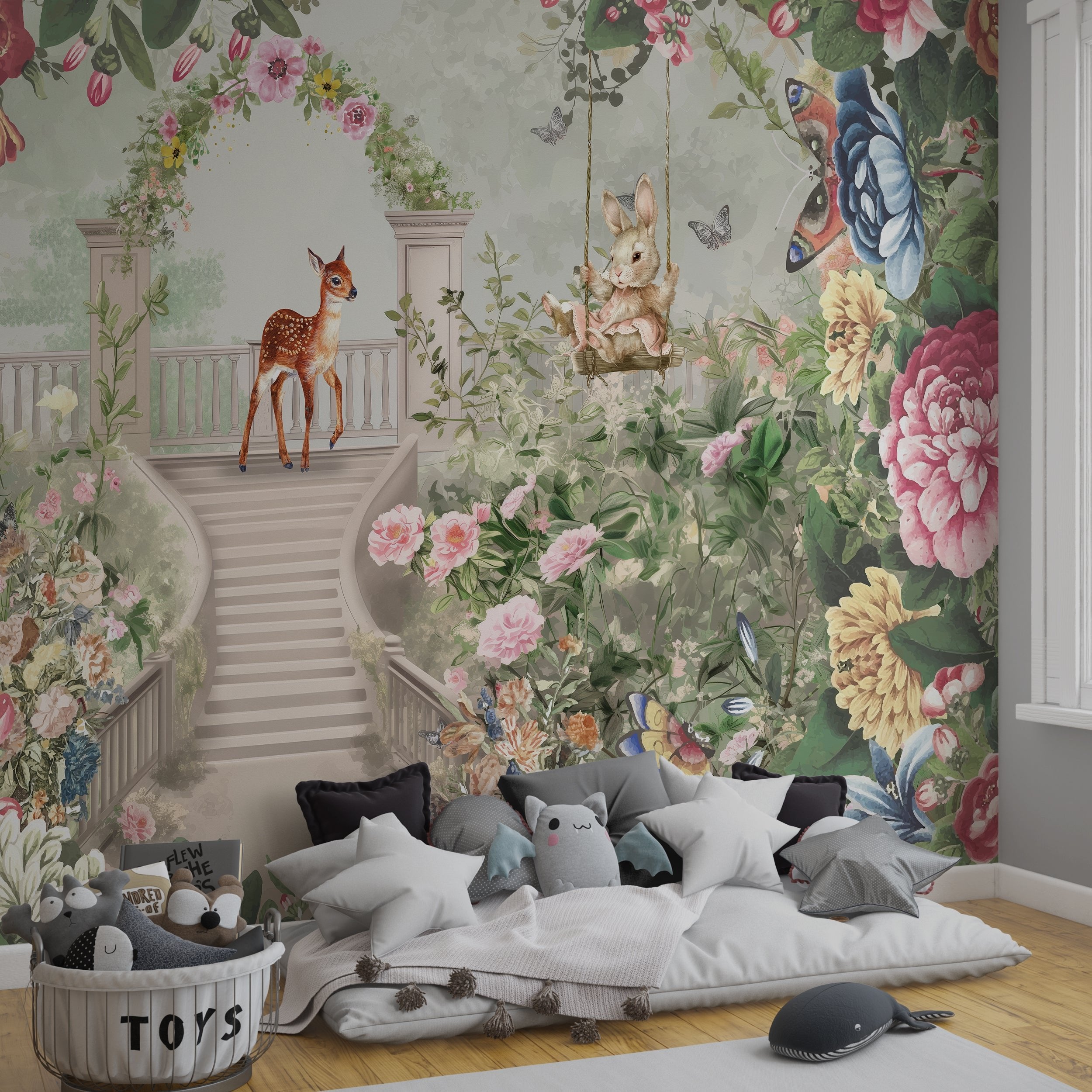 Wallpaper Kids Nursery Dubai Peps Wall A room with a Little Forrest themed wallpaper featuring a fantasy landscape with animals, flowers, and a swing set.