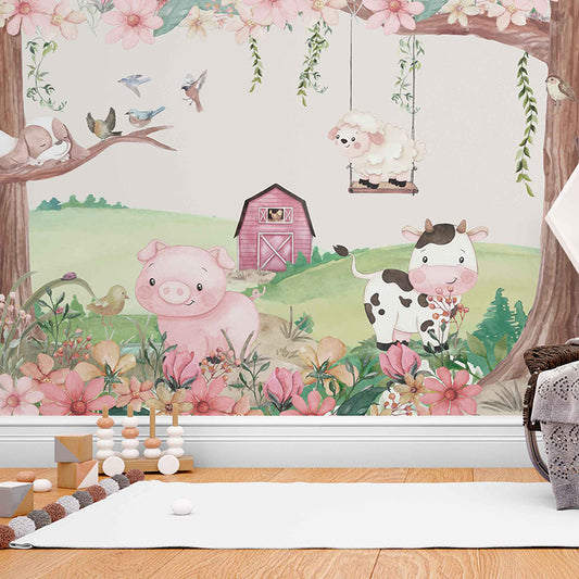 Wallpaper Kids Nursery Dubai Peps Wall A wall decal featuring an animal farm scene with , cows, and sheep in a pastoral setting.