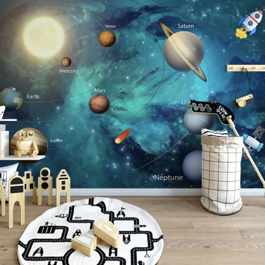 Wallpaper Kids Nursery Dubai Peps Wall A wall mural featuring the solar system with planets, labeled, and a rocket, displayed in a room with children's furniture and toys.