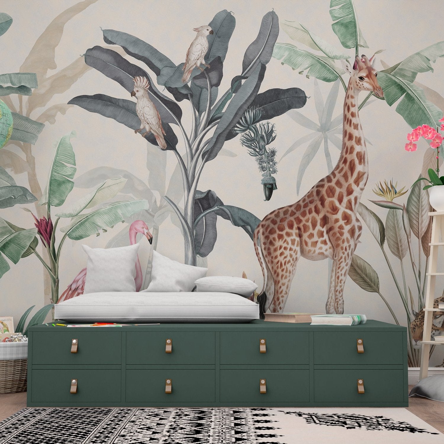 Wallpaper Kids Nursery Dubai Peps Wall A wall mural featuring a giraffe and tropical plants, with a green drawer unit in the foreground.