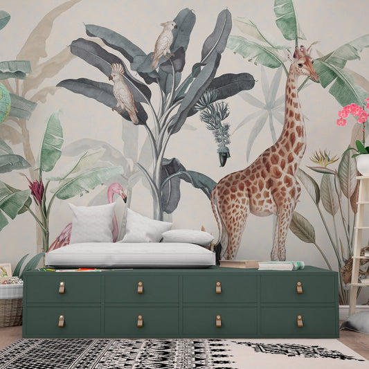 Wallpaper Kids Nursery Dubai Peps Wall A wall mural featuring a giraffe and tropical plants, with a green drawer unit in the foreground.
