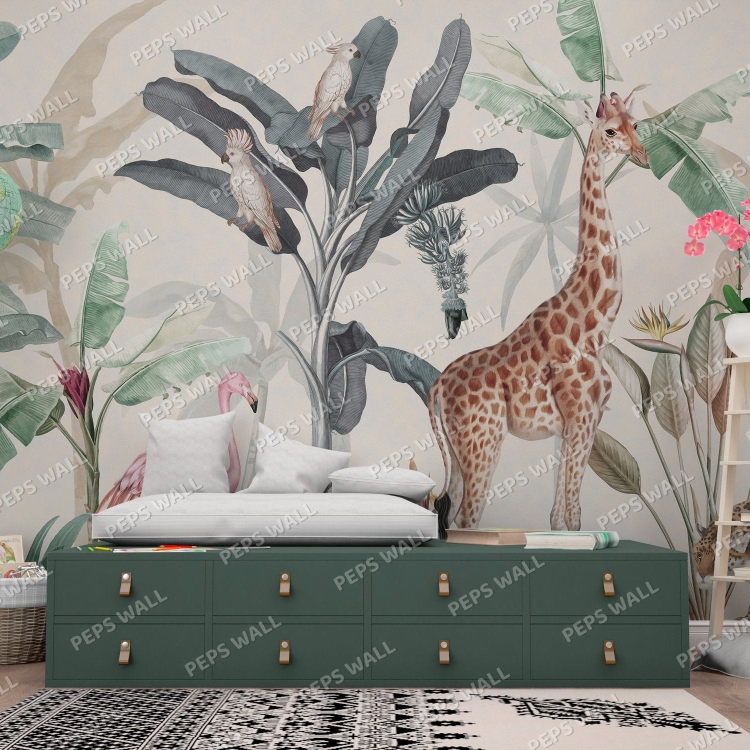 Wallpaper Kids Nursery Dubai Peps Wall A wall mural featuring a giraffe and tropical plants, with a green drawer unit in the foreground.