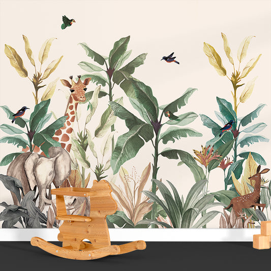 Wallpaper Kids Nursery Dubai Peps Wall A wallpaper featuring a tropical safari scene with various animals such as a giraffe and elephants, surrounded by greenery and a blue sky.