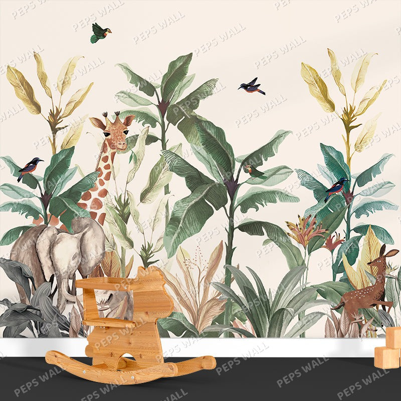 Wallpaper Kids Nursery Dubai Peps Wall A wallpaper featuring a tropical safari scene with various animals such as a giraffe and elephants, surrounded by greenery and a blue sky.