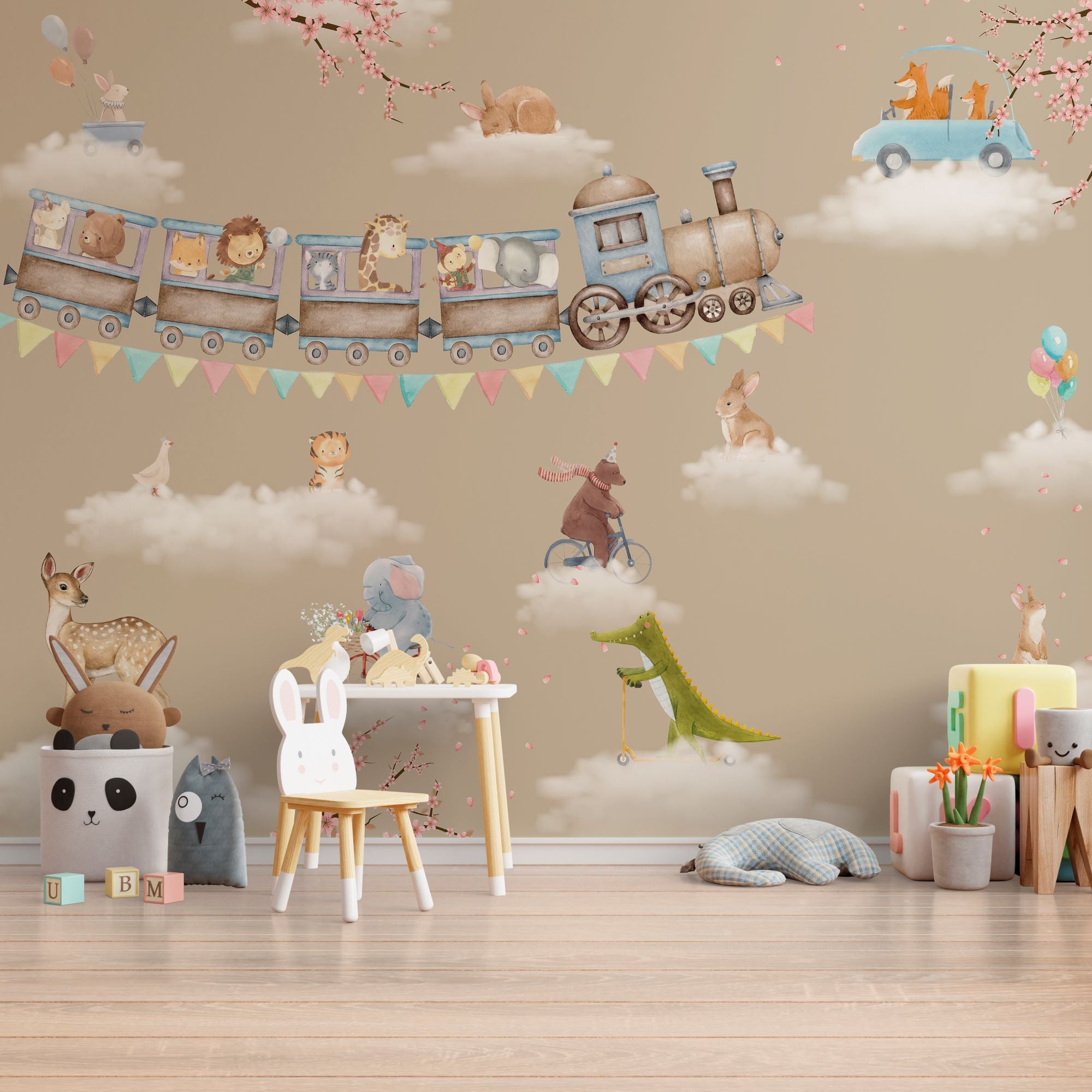 Wallpaper Kids Nursery Dubai Peps Wall A wall adorned with wallpaper featuring a toy train, animals, and safari-themed illustrations amidst clouds.
