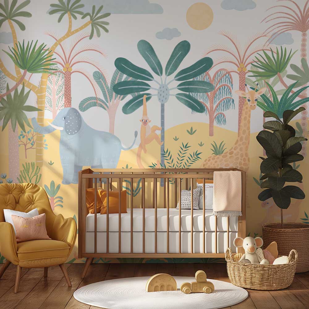 Wallpaper Kids Nursery Dubai Peps Wall A nursery room with a wall mural featuring safari animals such as elephants and giraffes, set against a tropical-themed background with palm trees.
