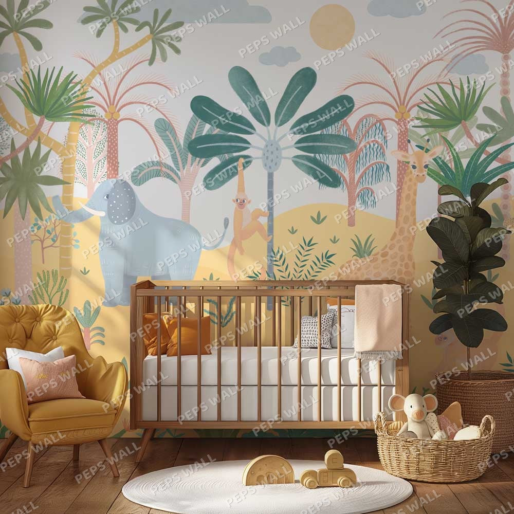 Wallpaper Kids Nursery Dubai Peps Wall A nursery room with a wall mural featuring safari animals such as elephants and giraffes, set against a tropical-themed background with palm trees.