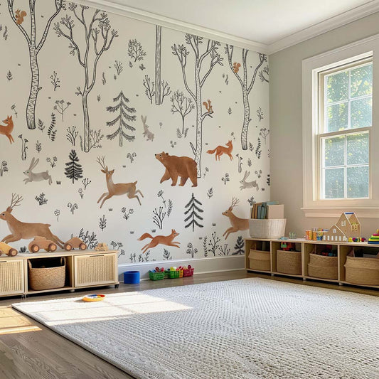 Wallpaper Kids Nursery Dubai Peps Wall A children's room with wallpaper featuring whimsical forest animal illustrations, including deer and bears, with a neutral color palette.