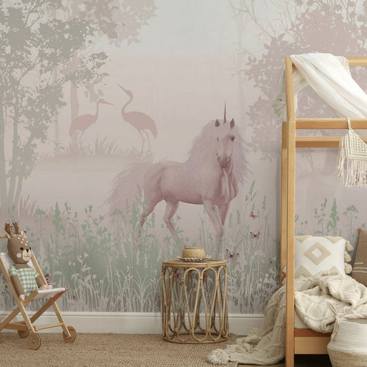 Wallpaper Kids Nursery Dubai Peps Wall A wall mural featuring a white unicorn in a dreamy forest scene with greenery and a crane in the background.