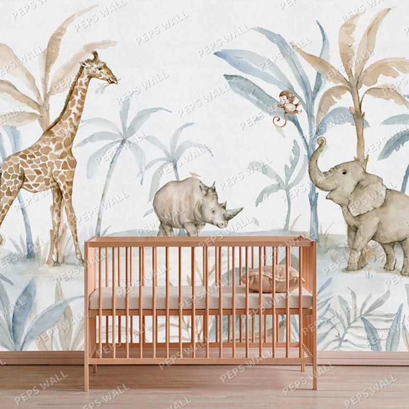 Wallpaper Kids Nursery Dubai Peps Wall A wall mural featuring a giraffe, elephant, and rhinoceros in a tropical setting with palm trees.
