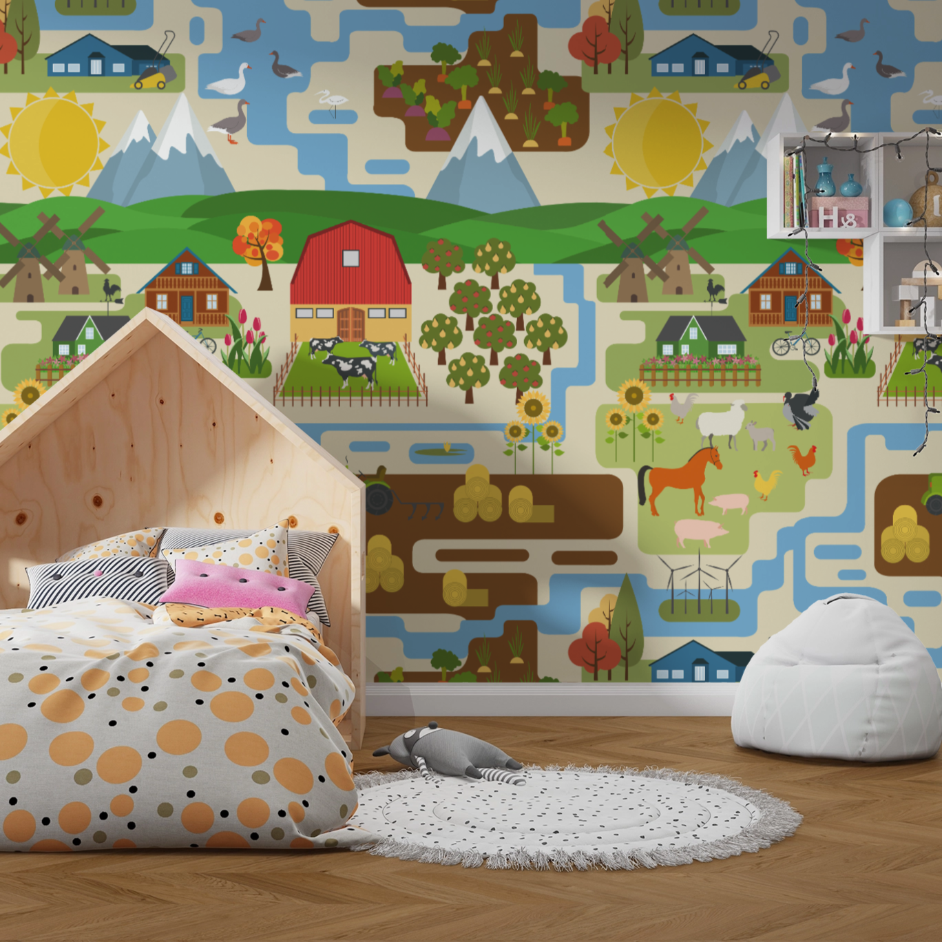 Wallpaper Kids Nursery Dubai Peps Wall A room with a wooden structure, decorated with colorful wallpaper featuring farm scenes, animals, and a sunflower pattern. The room includes a bed with a polka-dot pillow, a stuffed animal, and a rug on the floor.