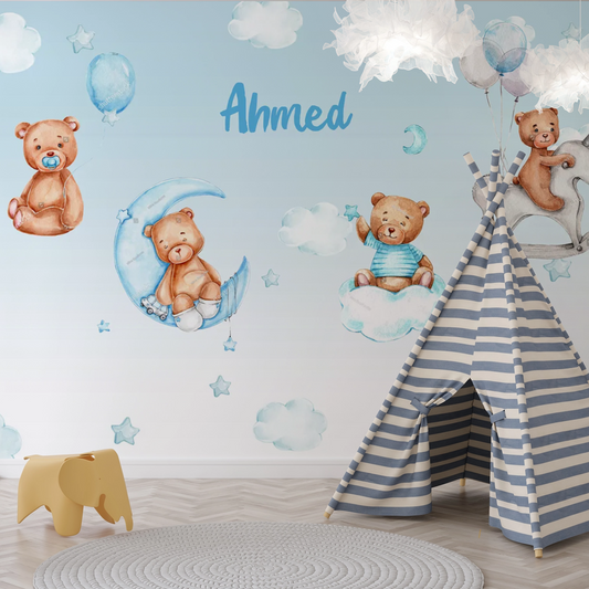 Wallpaper Kids Nursery Dubai Peps Wall Children's room wallpaper featuring cartoon bears, clouds, and the name 'Ahmed' written on the wall.