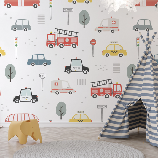 Wallpaper Kids Nursery Dubai Peps Wall Children's room wallpaper featuring colorful car illustrations, including a fire truck, police car, and taxi, alongside trees and road signs.