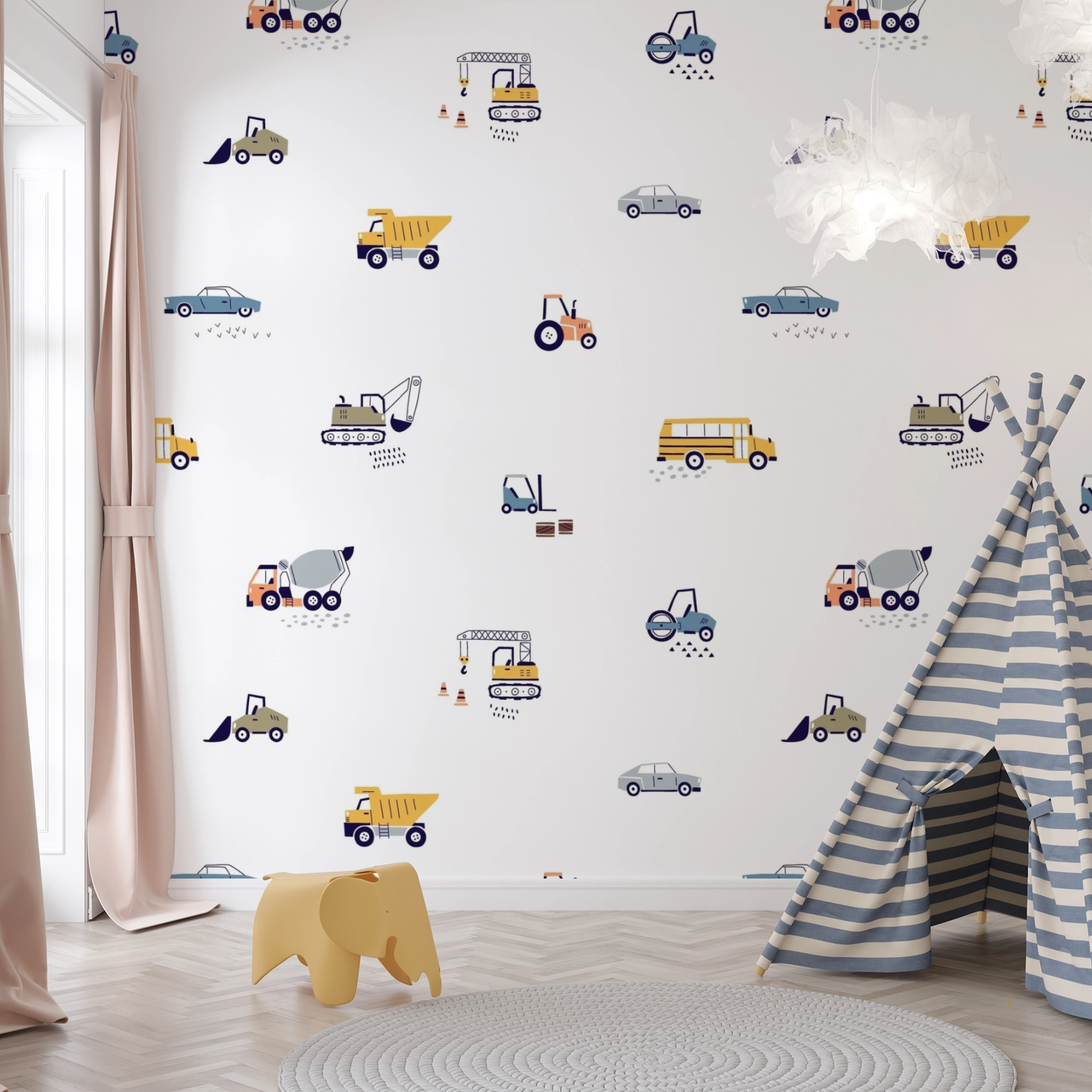 Wallpaper Kids Nursery Dubai Peps Wall A room with walls covered in wallpaper featuring various colorful cars and construction vehicles. There is a small wooden elephant decoration on the floor and a striped tent-like structure in the room as well.