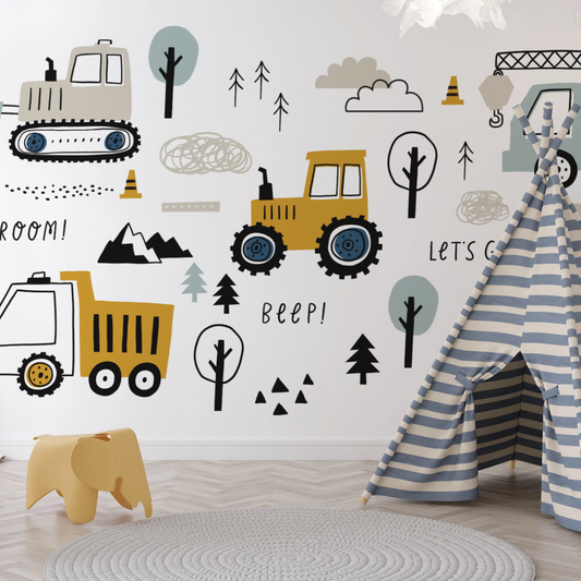 Wallpaper Kids Nursery Dubai Peps Wall Wall decals of construction vehicles and related items in a room with a play tent and a wooden toy car.