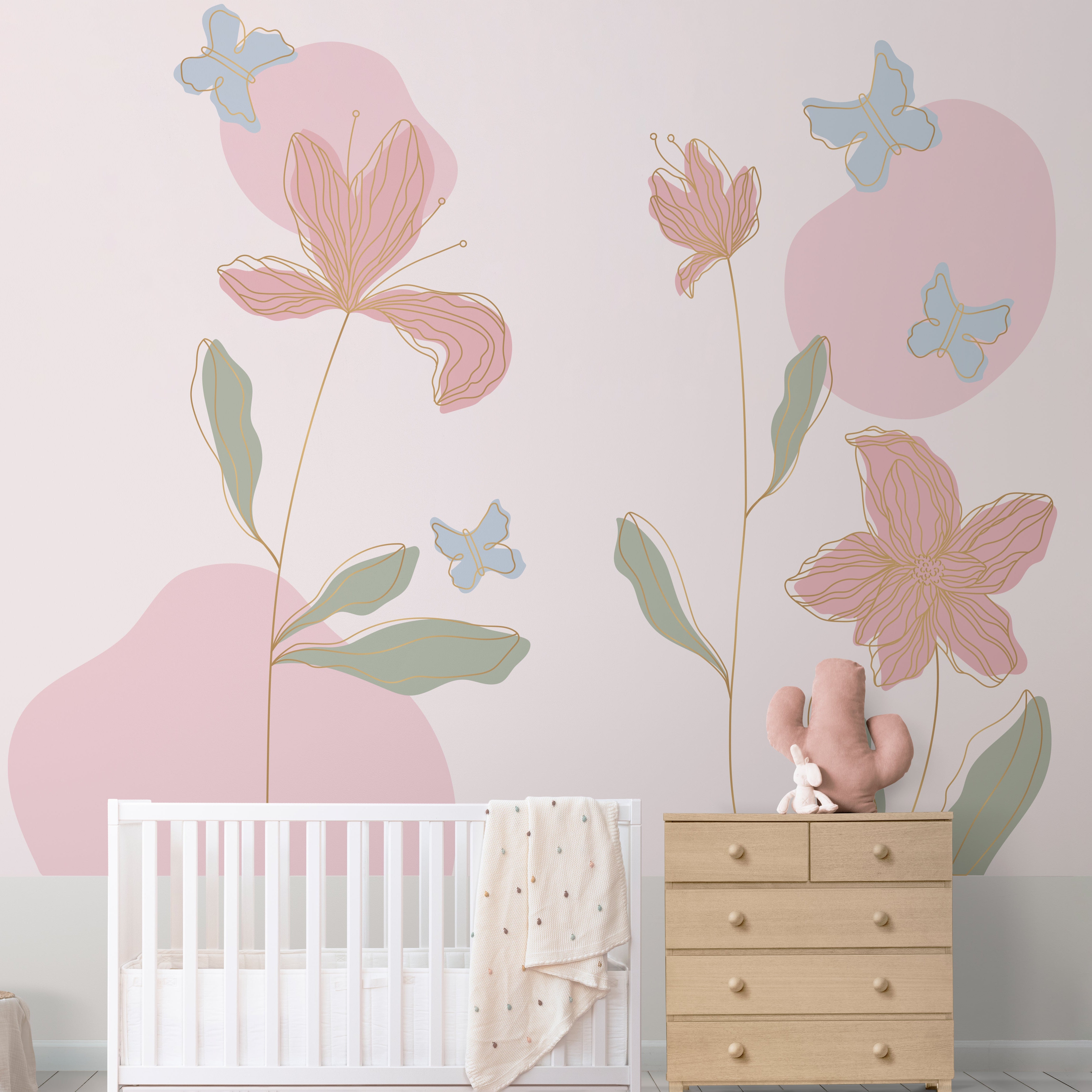 Wallpaper Kids Nursery Dubai Children's room with floral wall decals, crib, and dresser.