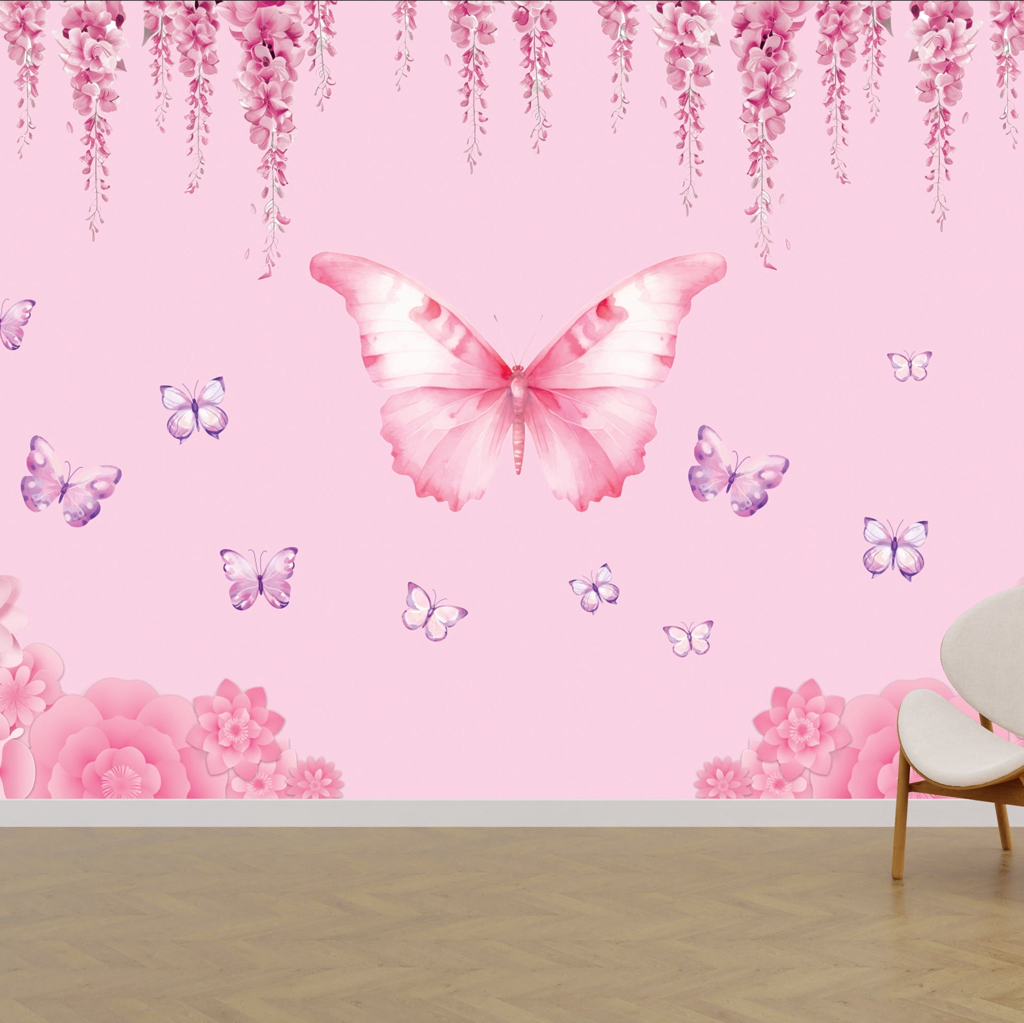 Wallpaper Kids Nursery Dubai Pink butterfly and floral wall mural with a chair in front