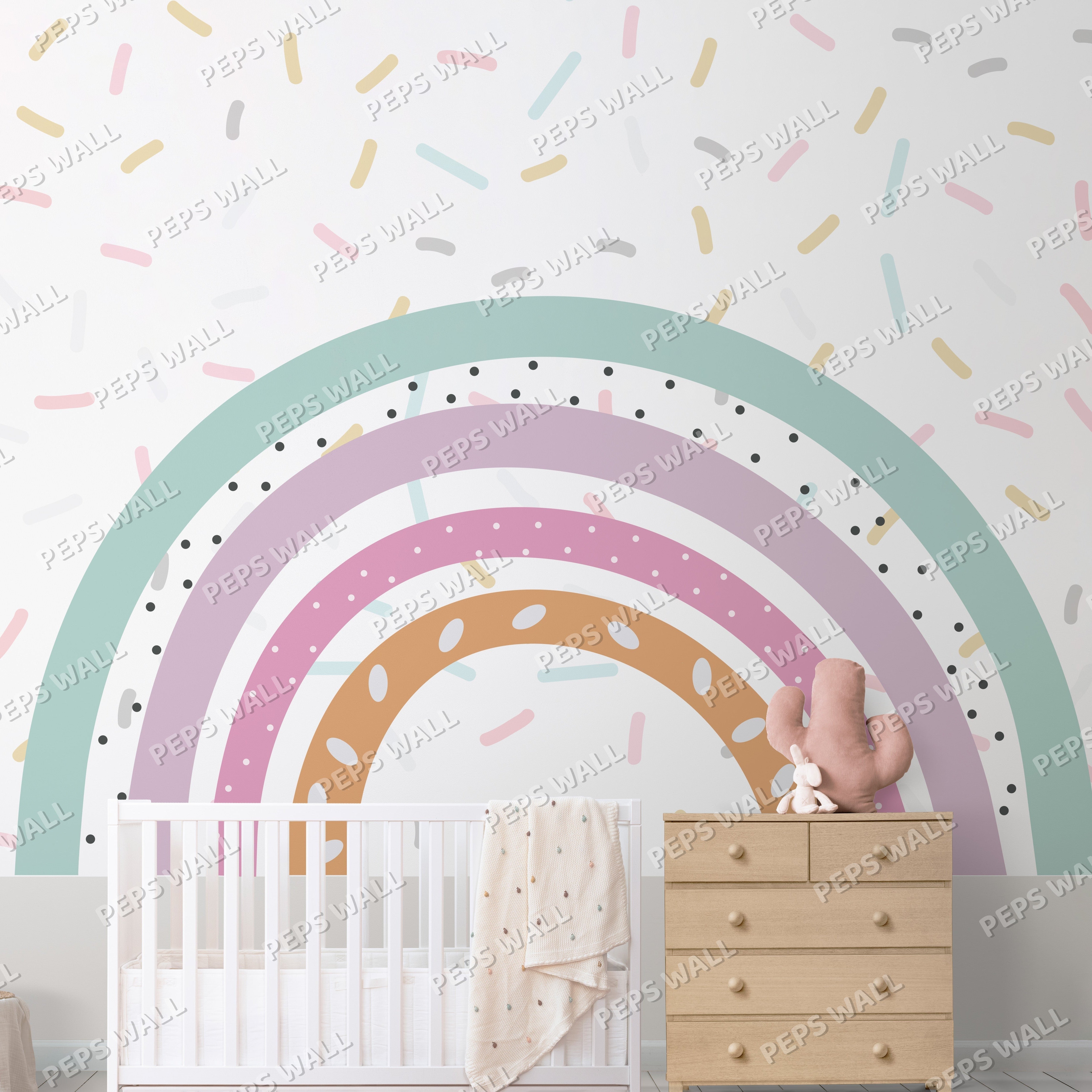 Wallpaper Kids Nursery Dubai - Nursery room with colorful rainbow wall mural and baby items.