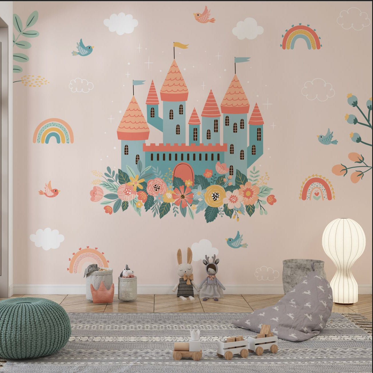 Wallpaper Kids Nursery Dubai A colorful wall decal featuring a castle with floral patterns and rainbows, with a plush toy and a lamp in the room.