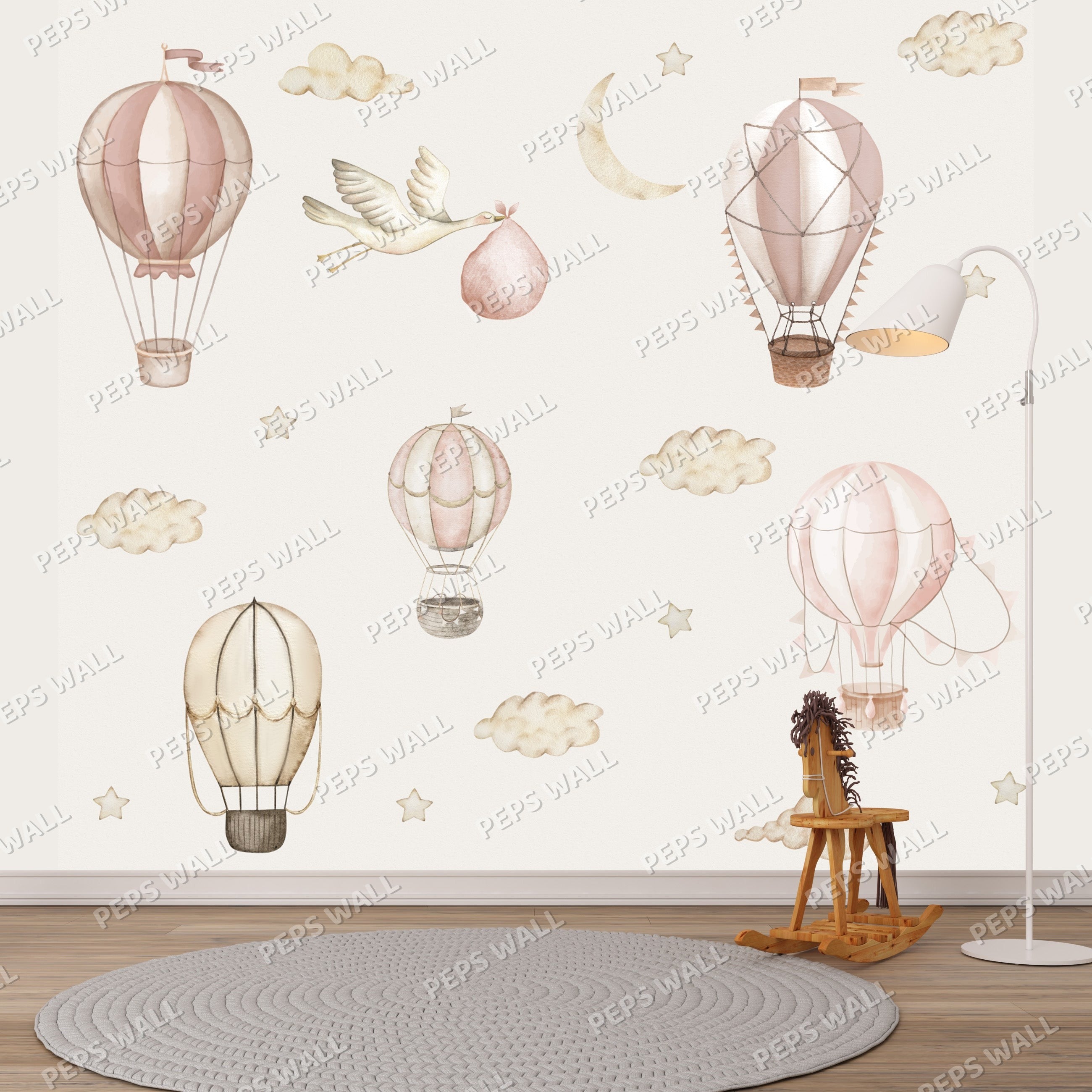Wallpaper Kids Nursery Dubai Children's room with decorative wall stickers of hot air balloons and clouds.