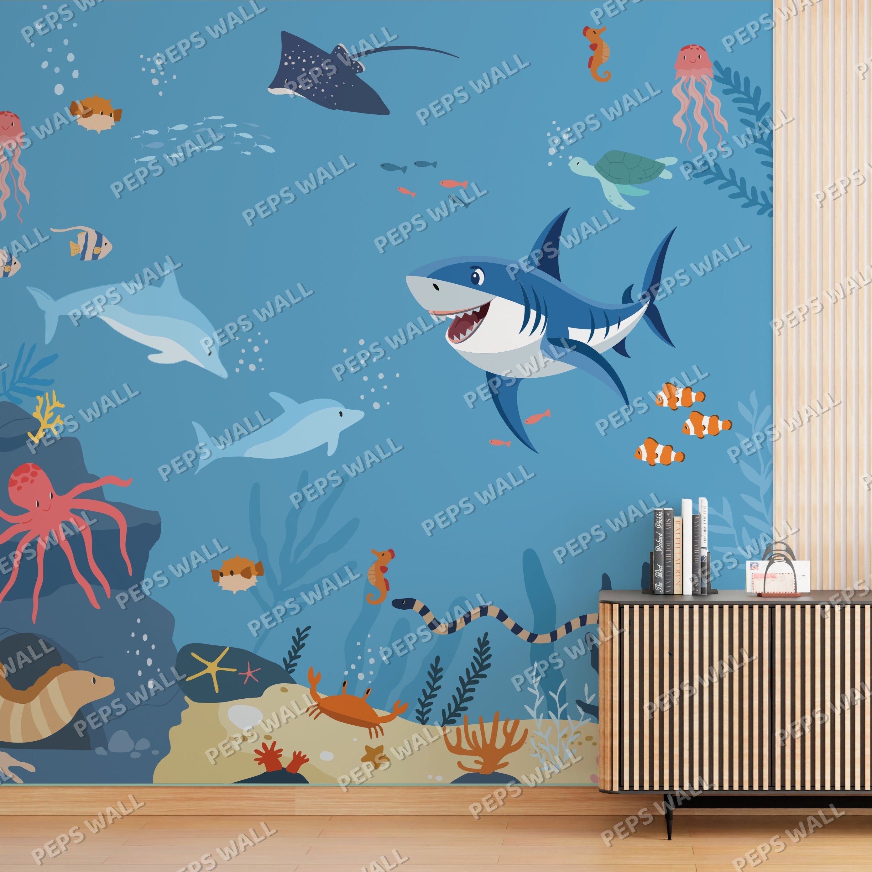 Wallpaper Kids Nursery Dubai Wallpaper with underwater scene featuring sharks, dolphins, and sea creatures on a blue background.