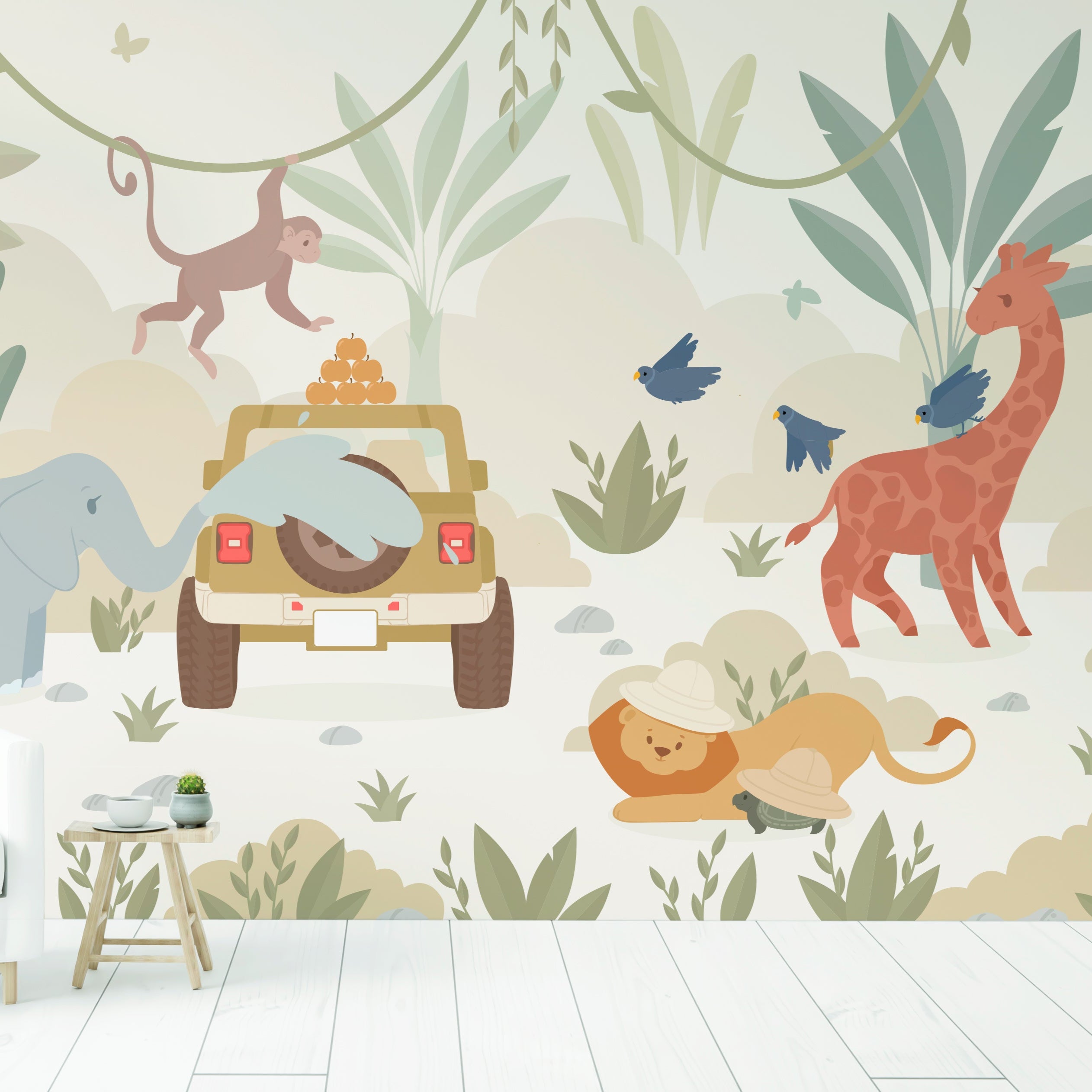 Wallpaper Kids Nursery Dubai Wallpaper with a safari-themed design featuring animals and a jeep.
