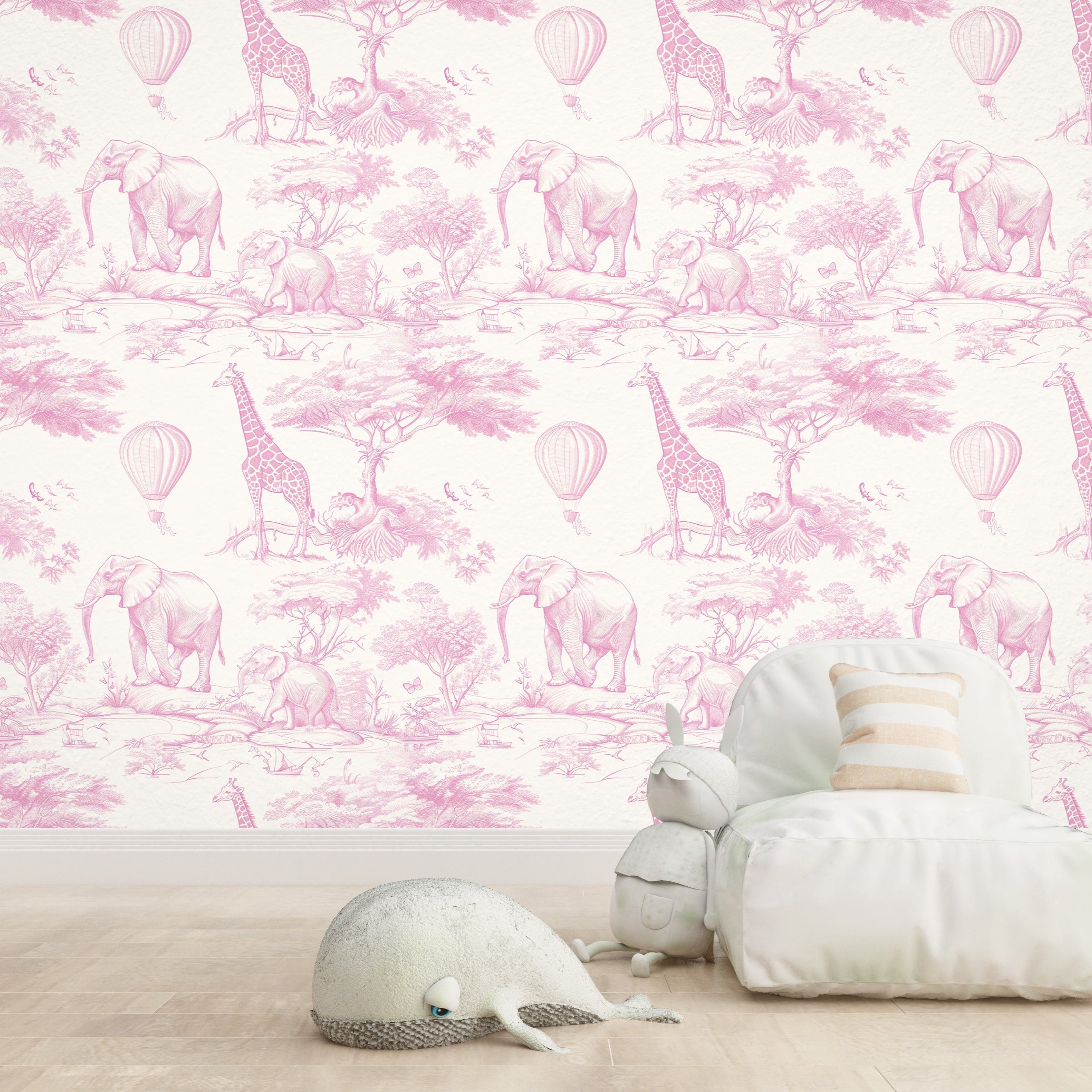 Wallpaper Kids Nursery Dubai Children's room with pink animal-themed wallpaper and white furniture.