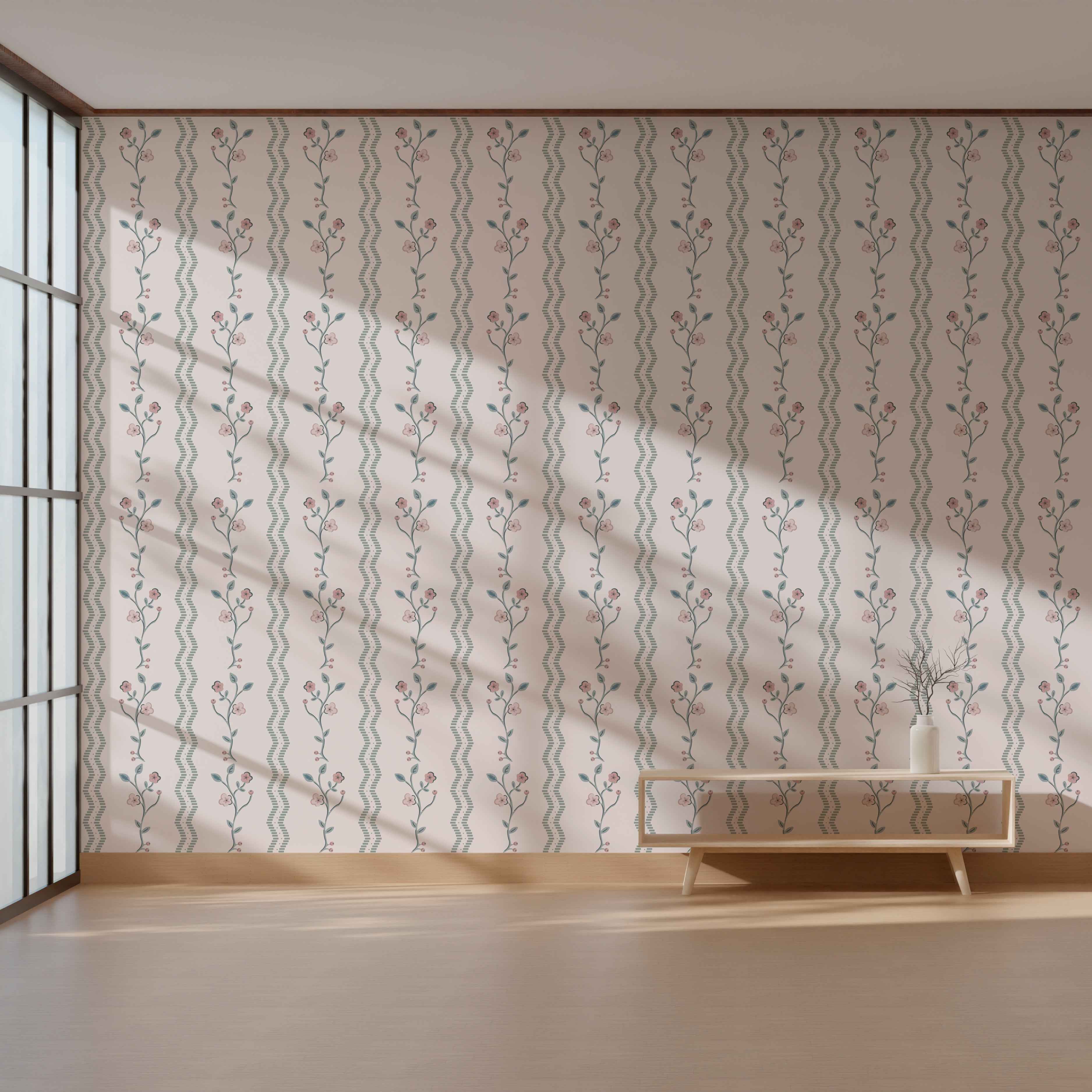 Wallpaper Kids Nursery Dubai  Room with floral wallpaper, a table, and a chair.