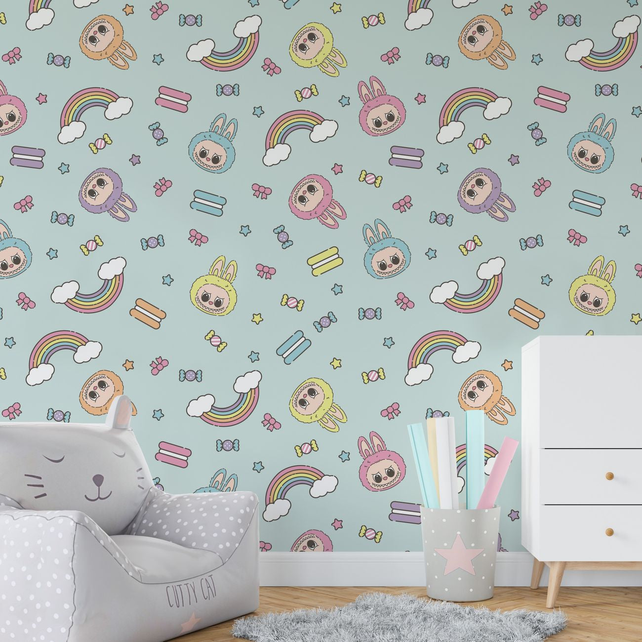 Wallpaper Kids Nursery Dubai Children's room with pastel-colored wallpaper featuring cartoon characters, rainbows, and clouds.