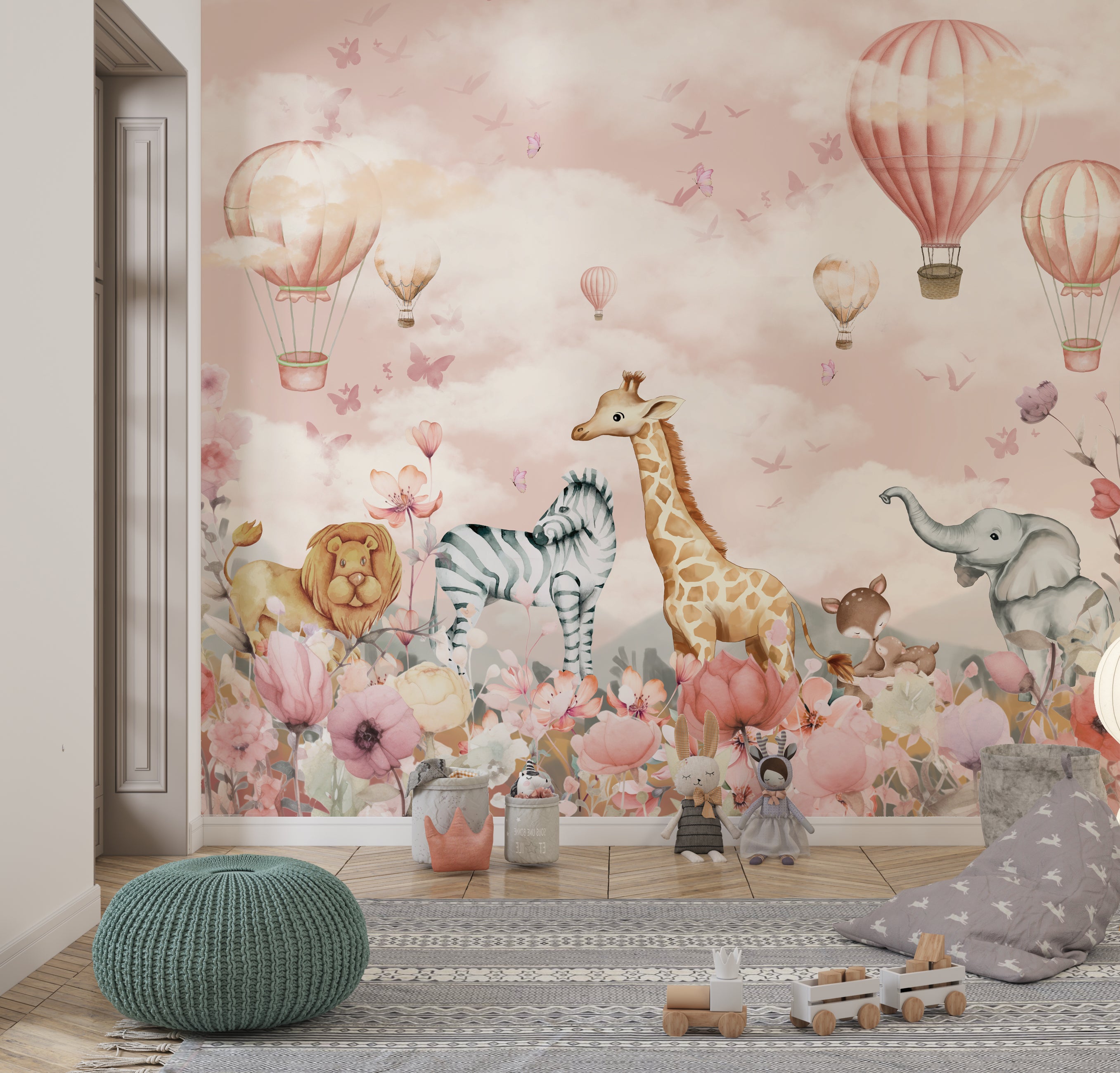 Wallpaper Kids Nursery Dubai Children's room with a decorative wall featuring animals and hot air balloons.