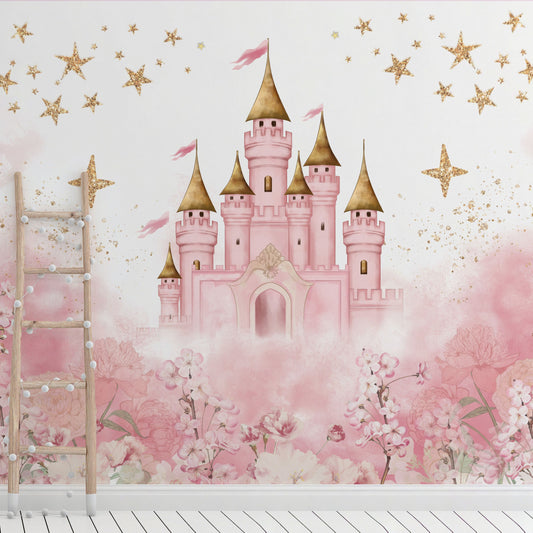 Wallpaper Kids Nursery Dubai Pink castle with gold accents on a wall with decorative stars and a ladder.