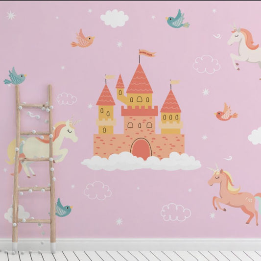 Wallpaper Kids Nursery Dubai A wall decal featuring a fairytale castle with horses, birds, and a ladder in a room with pink walls.