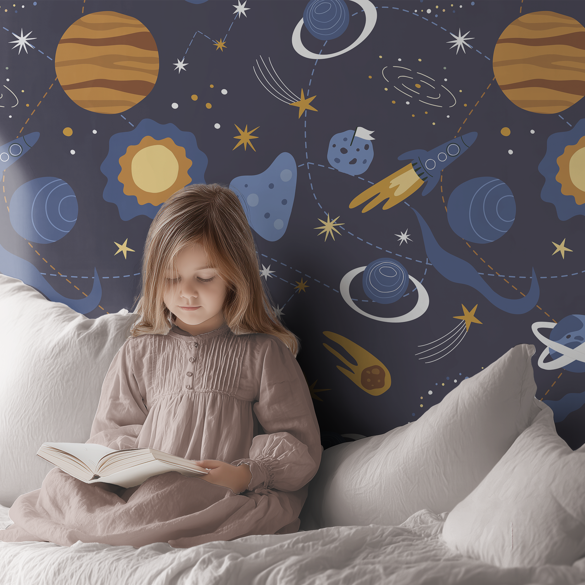 Young girl reading a book in a room with truck-themed wallpaper
