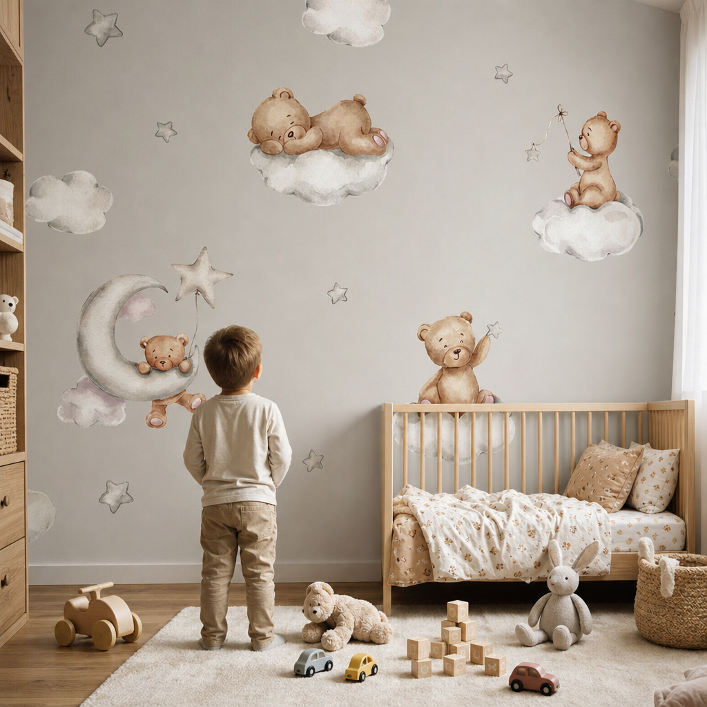 Teddy on clouds kids room mockup