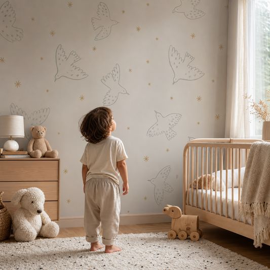 Whimsy Birds - Gold kids room mockup