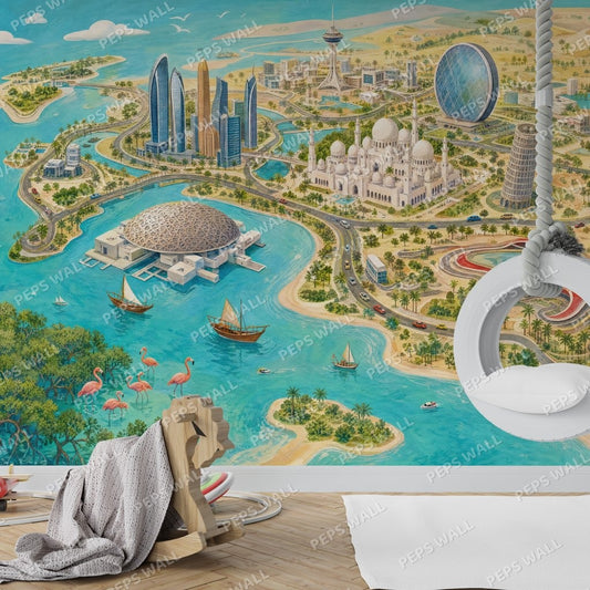 Playful Abu Dhabi Map — kids world map wallpaper Dubai, Peps Wall