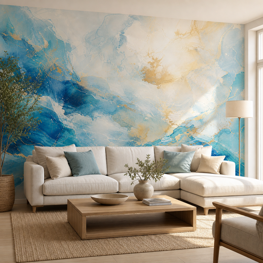 Aegean Abstract wallpaper in a Dubai living room - Peps Wall