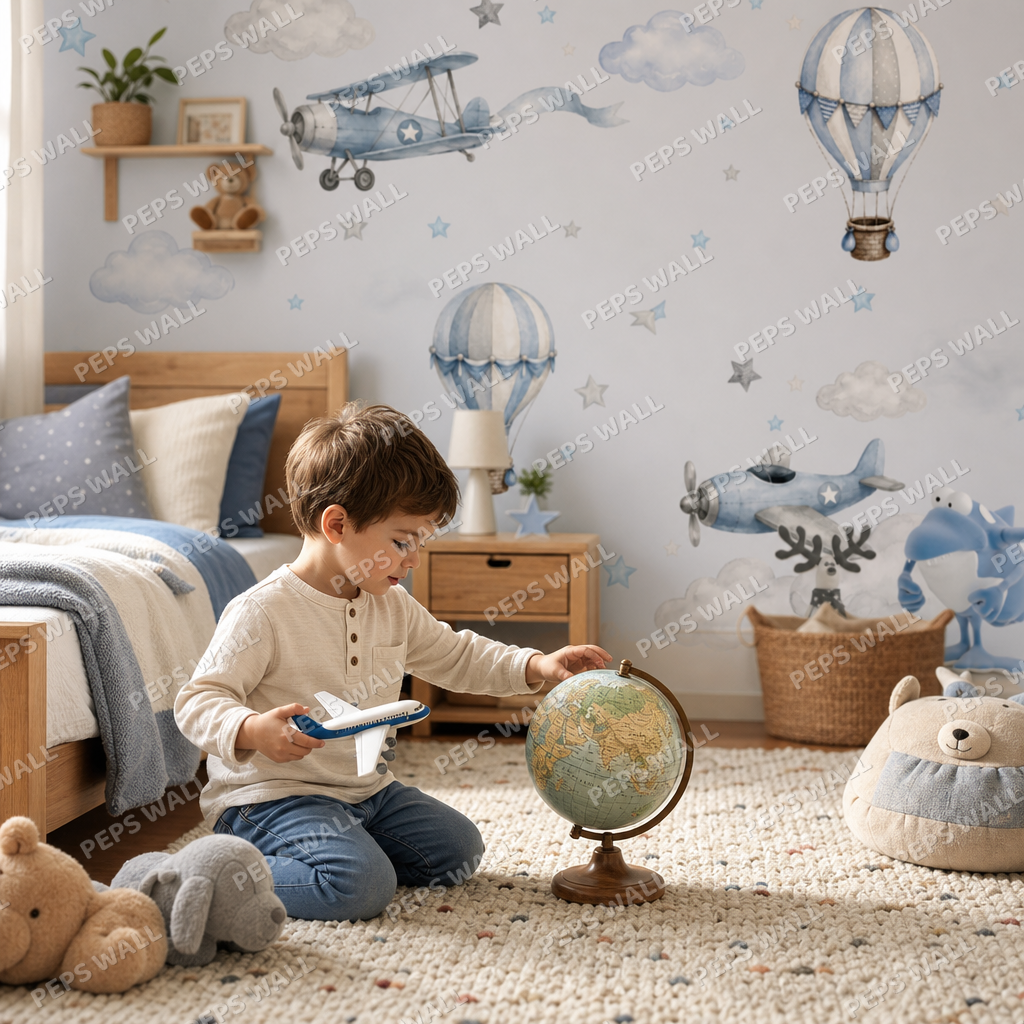 Airplane Adventure kids room wallpaper - custom mural printed and installed in Dubai