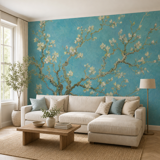 Almond Blossom wallpaper in a Dubai living room - Peps Wall