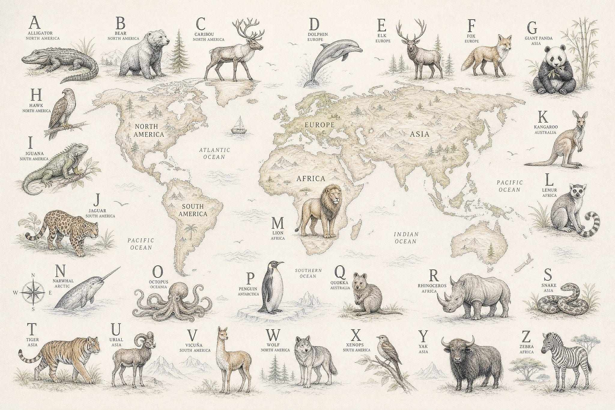 Alphabet World Map - Pencil