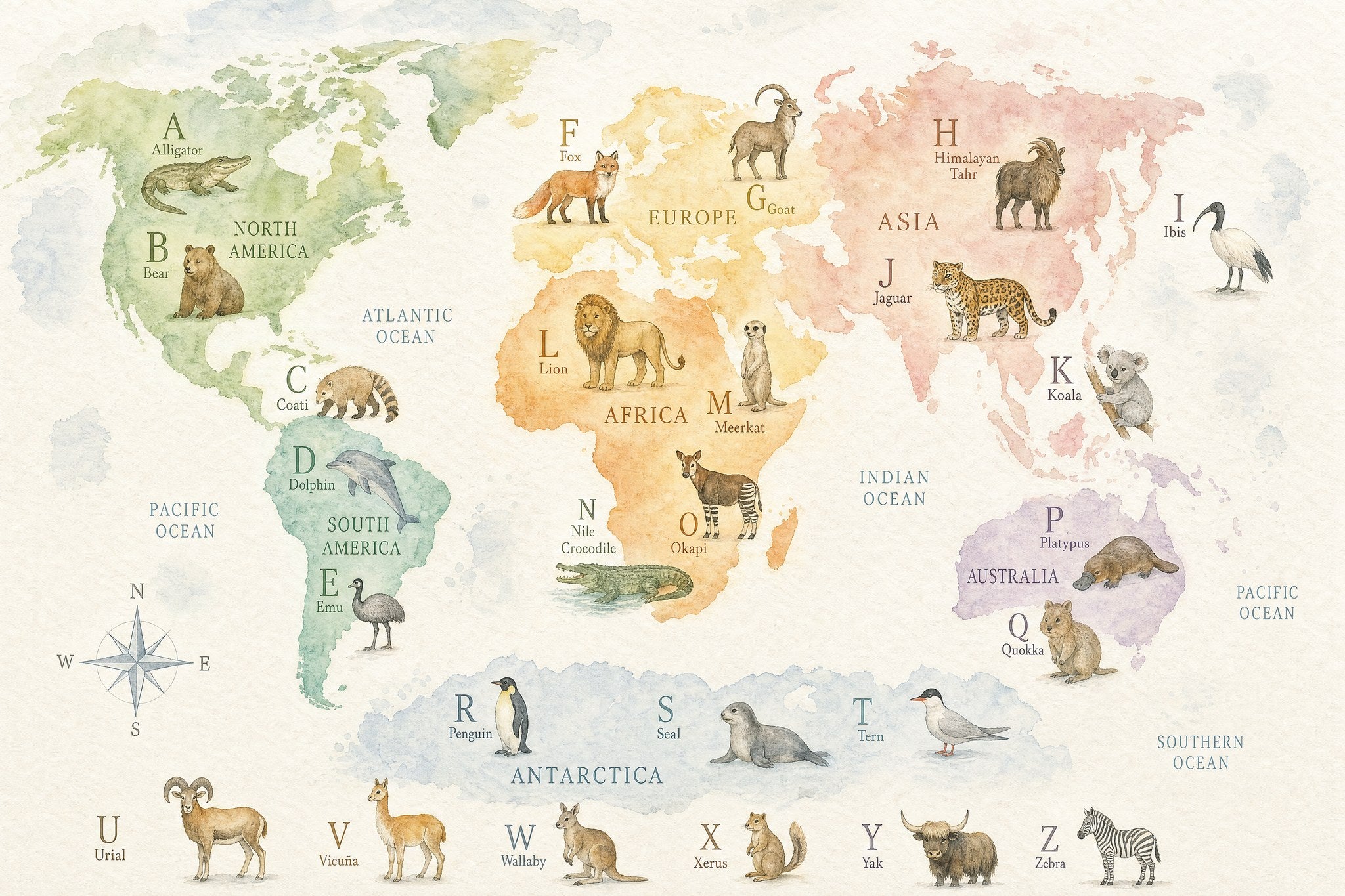 Alphabet World Map - Watercolor