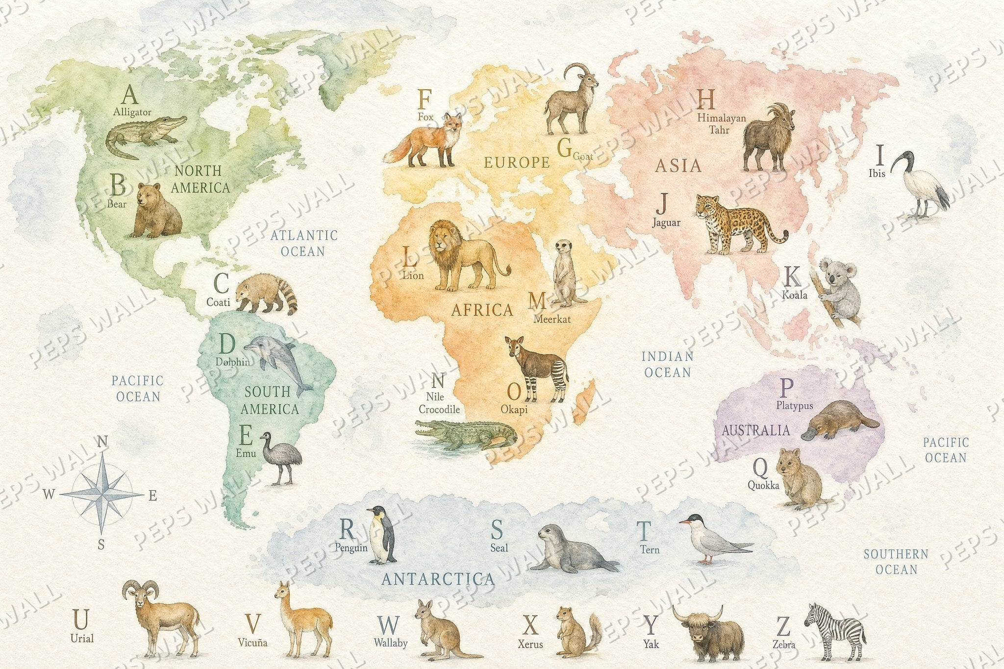 Alphabet World Map - Watercolor