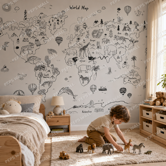 Animal Maps - Black & White kids room wallpaper - custom mural printed and installed in Dubai