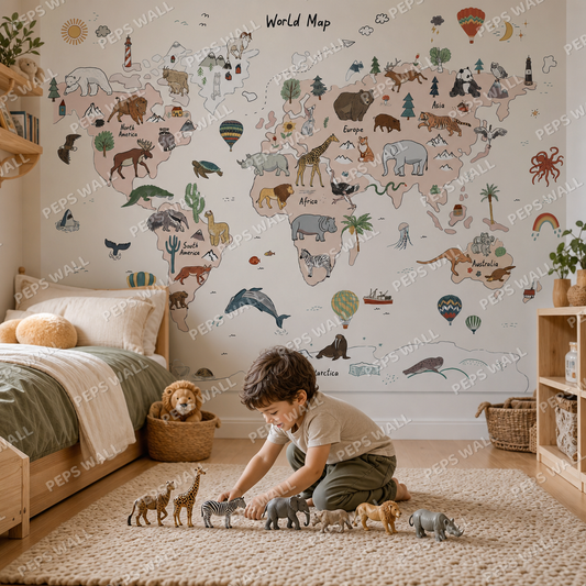 Animal Maps - Brown kids room wallpaper - custom mural printed and installed in Dubai
