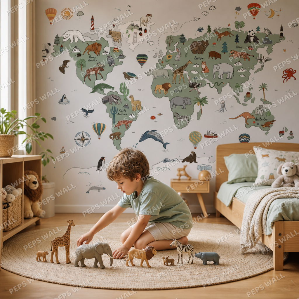 Animal Maps - Grey & Green kids room wallpaper - custom mural printed and installed in Dubai