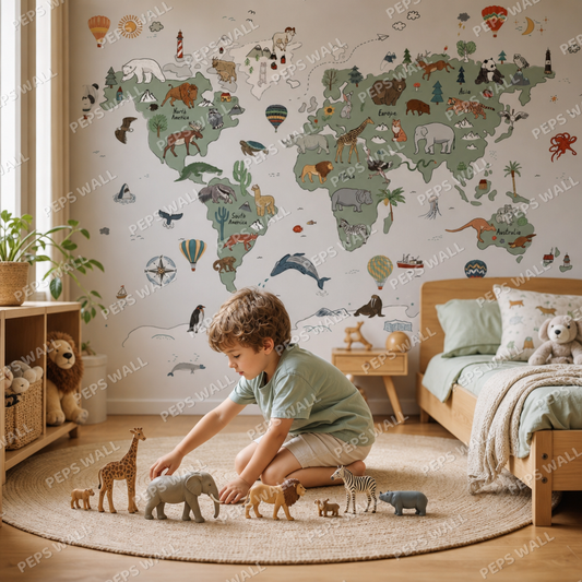 Animal Maps - Grey & Green kids room wallpaper - custom mural printed and installed in Dubai