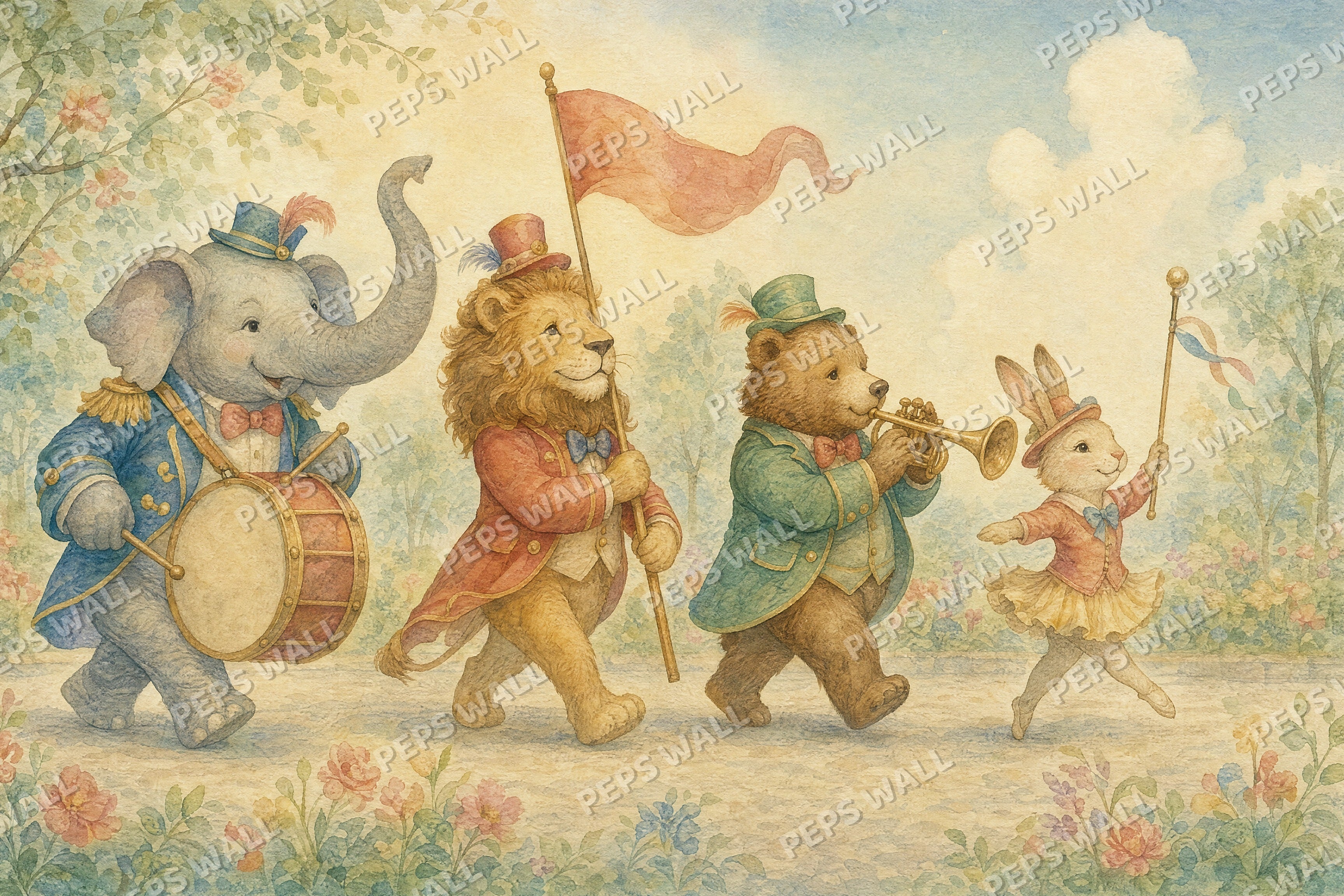 Animal Parade - Watercolor full wall mural design
