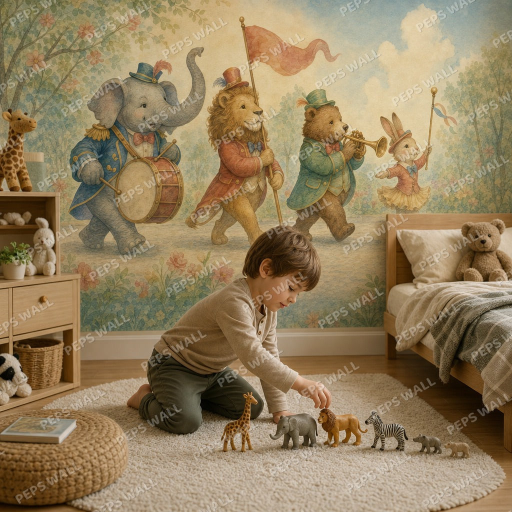 Animal Parade - Watercolor wallpaper mural — kids room mockup