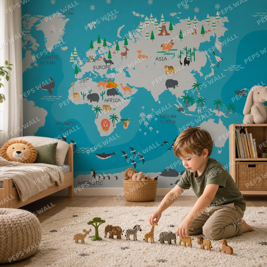 Animals Blue Atlas kids room wallpaper - custom mural printed and installed in Dubai
