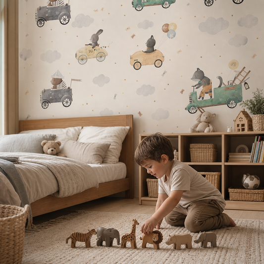 Animals & cars! kids room wallpaper - custom mural printed and installed in Dubai